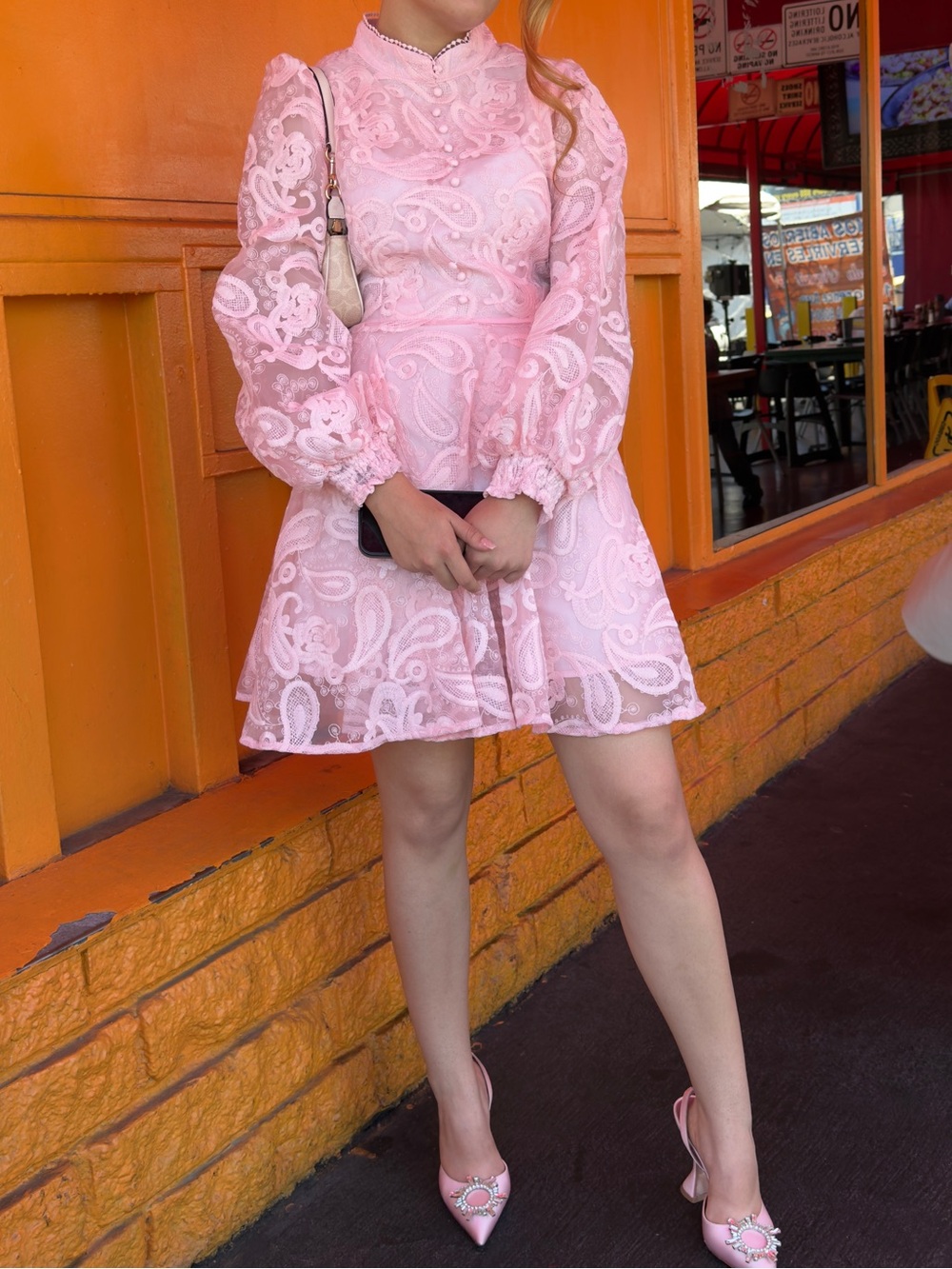 Women's Pink Lace Long-Sleeve Mini Dress